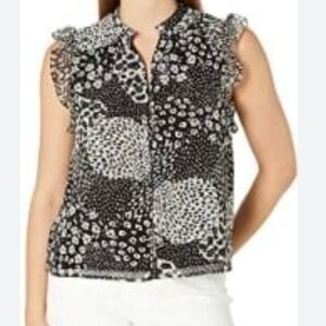 BB Dakota Black White Mixed Print‎ Flutter Sleeve Blouse Sz L ASO Mayim Bialik